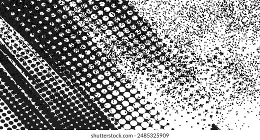 Grunge halftone gradient background. Faded grit noise texture. White and black sand wallpaper. Retro pixelated backdrop. Anime or manga style comic overlay. Vector dots