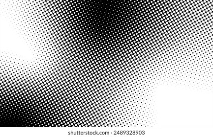 Grunge halftone gradient background. Faded grit noise texture. White and black sand wallpaper. Retro pixelated backdrop. Anime or manga style comic overlay. Vector graphic design textured template