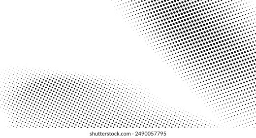 Grunge halftone gradient background. Faded grit noise texture. White and black sand wallpaper. Retro pixelated backdrop. Anime or manga style comic overlay. Vector graphic design dots grunge