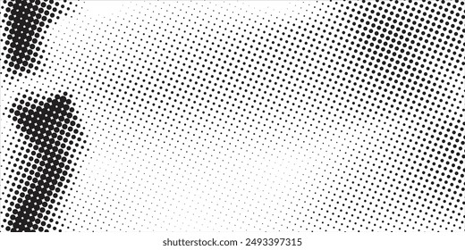 Grunge halftone gradient background. Faded grit noise texture. White and black sandy wallpaper. Retro pixelated backdrop. Anime or manga style comic overlay. Vector graphic design textured template