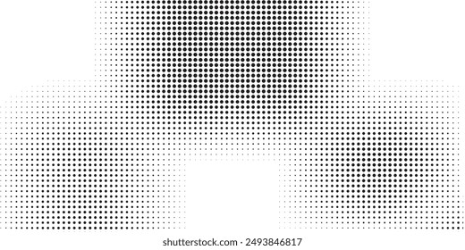 Grunge halftone gradient background. Faded grit noise texture. White and black sand wallpaper. Retro pixelated backdrop. Anime or manga style comic overlay. Vector graphic design textured template