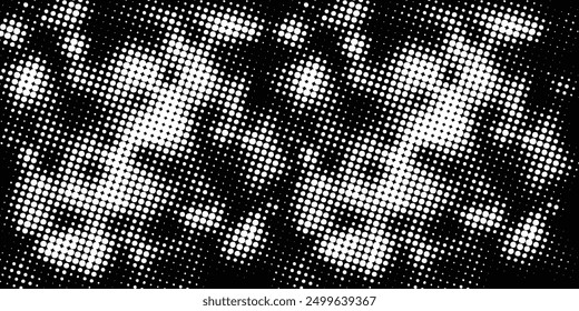 Grunge halftone gradient background. Faded grit noise texture. White and black sand wallpaper. Retro pixelated backdrop. Anime or manga style comic overlay. Vector graphic design textured template