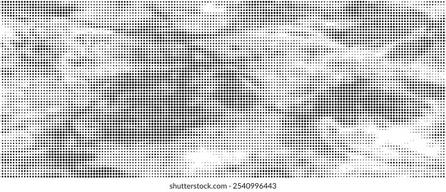 Grunge halftone gradient background. Faded grit noise texture. White and black sand wallpaper. Retro pixelated backdrop. Anime or manga style comic overlay. Vector graphic