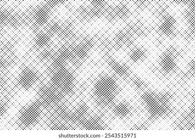 Grunge halftone gradient background. Faded grit noise texture. White and black sand wallpaper. Retro pixelated backdrop. Anime or manga style comic overlay. Vector graphic design textured template