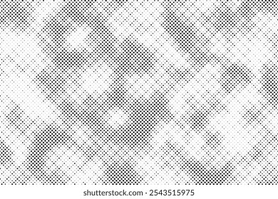 Grunge halftone gradient background. Faded grit noise texture. White and black sand wallpaper. Retro pixelated backdrop. Anime or manga style comic overlay. Vector graphic design textured template