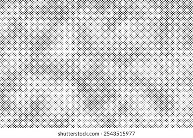 Grunge halftone gradient background. Faded grit noise texture. White and black sand wallpaper. Retro pixelated backdrop. Anime or manga style comic overlay. Vector graphic design textured template