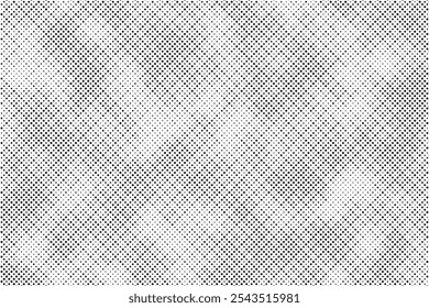 Grunge halftone gradient background. Faded grit noise texture. White and black sand wallpaper. Retro pixelated backdrop. Anime or manga style comic overlay. Vector graphic design textured template