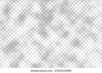 Grunge halftone gradient background. Faded grit noise texture. White and black sand wallpaper. Retro pixelated backdrop. Anime or manga style comic overlay. Vector graphic design textured template