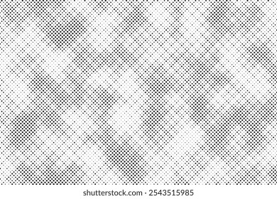 Grunge halftone gradient background. Faded grit noise texture. White and black sand wallpaper. Retro pixelated backdrop. Anime or manga style comic overlay. Vector graphic design textured template