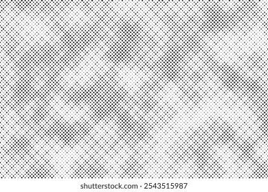 Grunge halftone gradient background. Faded grit noise texture. White and black sand wallpaper. Retro pixelated backdrop. Anime or manga style comic overlay. Vector graphic design textured template