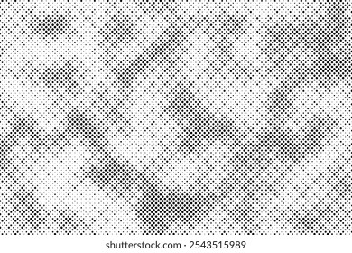 Grunge halftone gradient background. Faded grit noise texture. White and black sand wallpaper. Retro pixelated backdrop. Anime or manga style comic overlay. Vector graphic design textured template