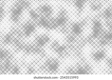 Grunge halftone gradient background. Faded grit noise texture. White and black sand wallpaper. Retro pixelated backdrop. Anime or manga style comic overlay. Vector graphic design textured template