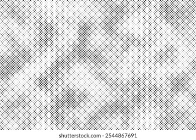 Grunge halftone gradient background. Faded grit noise texture. White and black sand wallpaper. Retro pixelated backdrop. Anime or manga style comic overlay. Vector graphic design textured template