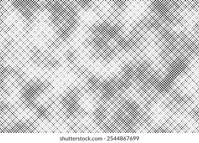 Grunge halftone gradient background. Faded grit noise texture. White and black sand wallpaper. Retro pixelated backdrop. Anime or manga style comic overlay. Vector graphic design textured template