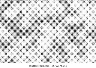 Grunge halftone gradient background. Faded grit noise texture. White and black sand wallpaper. Retro pixelated backdrop. Anime or manga style comic overlay. Vector graphic design textured template