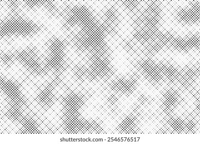 Grunge halftone gradient background. Faded grit noise texture. White and black sand wallpaper. Retro pixelated backdrop. Anime or manga style comic overlay. Vector graphic design textured template