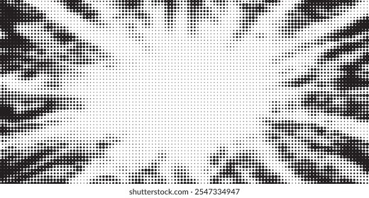 Grunge halftone gradient background. Faded grit noise texture. White and black sand wallpaper. Retro pixelated backdrop. Anime or manga style comic overlay. Vector graphic design textured template