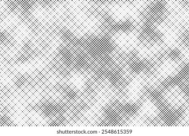 Grunge halftone gradient background. Faded grit noise texture. White and black sand wallpaper. Retro pixelated backdrop. Anime or manga style comic overlay. Vector graphic design textured template