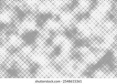 Grunge halftone gradient background. Faded grit noise texture. White and black sand wallpaper. Retro pixelated backdrop. Anime or manga style comic overlay. Vector graphic design textured template