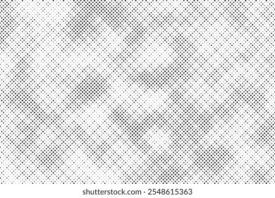 Grunge halftone gradient background. Faded grit noise texture. White and black sand wallpaper. Retro pixelated backdrop. Anime or manga style comic overlay. Vector graphic design textured template