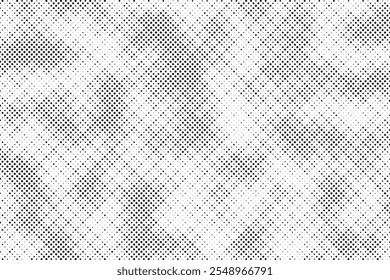 Grunge halftone gradient background. Faded grit noise texture. White and black sand wallpaper. Retro pixelated backdrop. Anime or manga style comic overlay. Vector graphic design textured template