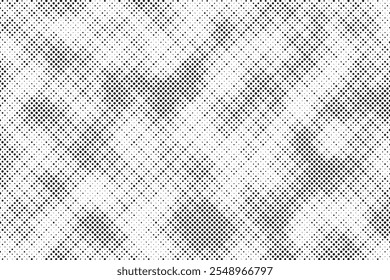 Grunge halftone gradient background. Faded grit noise texture. White and black sand wallpaper. Retro pixelated backdrop. Anime or manga style comic overlay. Vector graphic design textured template