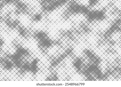 Grunge halftone gradient background. Faded grit noise texture. White and black sand wallpaper. Retro pixelated backdrop. Anime or manga style comic overlay. Vector graphic design textured template