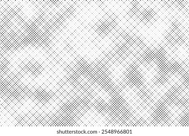 Grunge halftone gradient background. Faded grit noise texture. White and black sand wallpaper. Retro pixelated backdrop. Anime or manga style comic overlay. Vector graphic design textured template