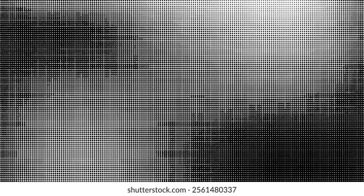 Grunge halftone gradient background. Faded grit noise texture. White and black sand wallpaper. Retro pixelated backdrop. Anime or manga style comic