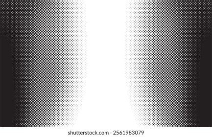 Grunge halftone gradient background. Faded grit noise texture. White and black sand wallpaper. Retro pixelated backdrop. Anime or manga style comic overlay. Vector graphic design textured template