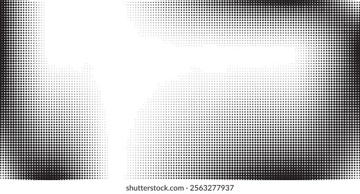 Grunge halftone gradient background. Faded grit noise texture. White and black sand wallpaper. Retro pixelated backdrop. Anime or manga style comic overlay. Vector graphic design textured template