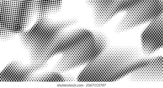 Grunge halftone gradient background. Faded grit noise texture. White and black sand wallpaper. Retro pixelated backdrop. Anime or manga style comic overlay. Vector graphic design textured template