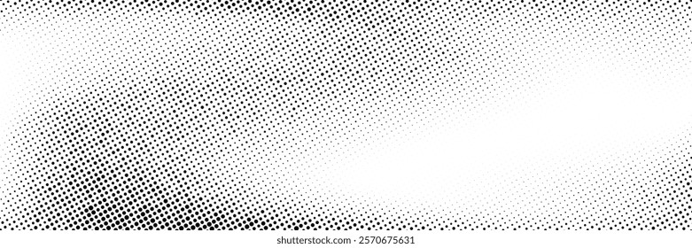 Grunge halftone gradient background. Faded dotted grit noise texture. Black and white rasterized sand wallpaper. Retro pixelated bitmap backdrop. Aged anime or manga comic grain overlay. Vector