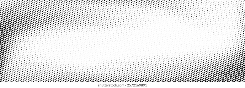 Grunge halftone gradient background. Faded dotted gritty noise texture. Black and white rasterized sand grain wallpaper. Retro pixelated bitmap backdrop. Vector aged anime or manga comic overlay