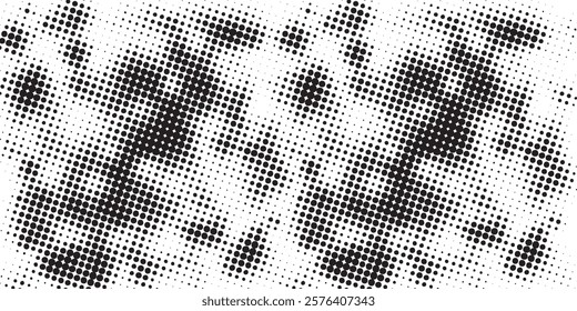 Grunge halftone gradient background. Faded grit noise texture. White and black sand wallpaper. Retro pixelated backdrop. Anime or manga style comic