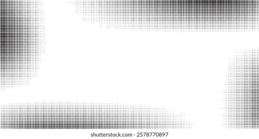 Grunge halftone gradient background. Faded grit noise texture. White and black sand wallpaper. Retro pixelated backdrop. Anime or manga style comic overlay. Vector graphic design textured template