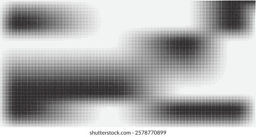 Grunge halftone gradient background. Faded grit noise texture. White and black sand wallpaper. Retro pixelated backdrop. Anime or manga style comic overlay. Vector graphic design textured template