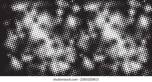 Grunge halftone gradient background. Faded grit noise texture. White and black sand wallpaper. Retro pixelated backdrop. Anime or manga style comic overlay. Vector graphic design textured template