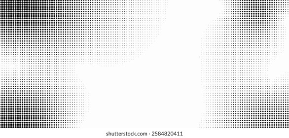 Grunge halftone gradient background. Faded grit noise texture. White and black sand wallpaper. Retro pixelated backdrop. Anime or manga style comic overlay. Vector graphic design