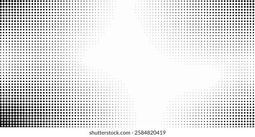 Grunge halftone gradient background. Faded grit noise texture. White and black sand wallpaper. Retro pixelated backdrop. Anime or manga style comic overlay. Vector graphic design