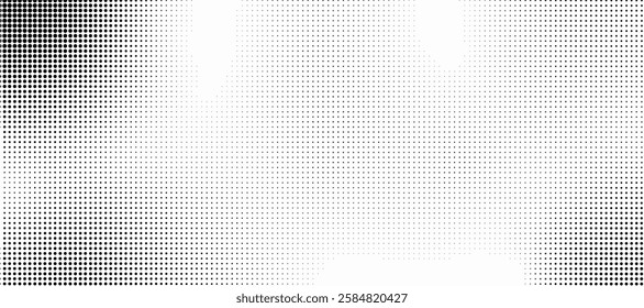 Grunge halftone gradient background. Faded grit noise texture. White and black sand wallpaper. Retro pixelated backdrop. Anime or manga style comic overlay. Vector graphic design