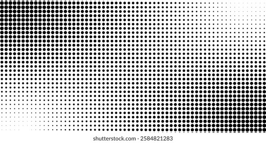 Grunge halftone gradient background. Faded grit noise texture. White and black sand wallpaper. Retro pixelated backdrop. Anime or manga style comic overlay. Vector graphic design textured template