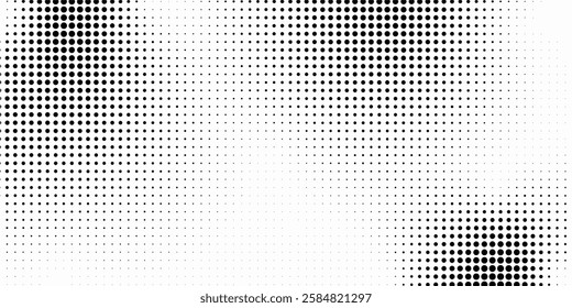 Grunge halftone gradient background. Faded grit noise texture. White and black sandy wallpaper. Retro pixelated backdrop. Anime or manga style comic overlay. Vector graphic design textured