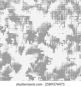 Grunge halftone gradient background. Faded grit noise texture. White and black sand wallpaper. Retro pixelated backdrop. Anime or manga style comic overlay. Vector graphic design textured template