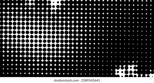 Grunge halftone gradient background. Faded grit noise texture. White and black sand wallpaper. Retro pixelated backdrop. Anime or manga style comic