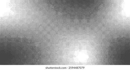 Grunge halftone gradient background. Faded grit noise texture. White and black sand wallpaper. Retro pixelated backdrop.