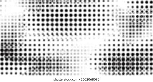 Grunge halftone gradient background. Faded grit noise texture. White and black sand wallpaper. Retro pixelated backdrop. Anime or manga style comic overlay. Vector graphic design textured template