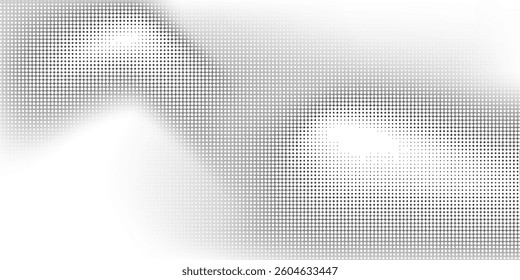 Grunge halftone gradient background. Faded grit noise texture. White and black sand wallpaper. Retro pixelated backdrop. Anime or manga style comic overlay. Vector graphic design textured template