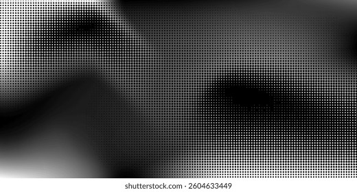 Grunge halftone gradient background. Faded grit noise texture. White and black sand wallpaper. Retro pixelated backdrop. Anime or manga style comic overlay. Vector graphic design textured template