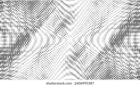 Grunge halftone gradient background. Faded grit noise texture. White and black sand wallpaper. Retro pixelated backdrop. Anime or manga style comic overlay. Vector graphic design textured template